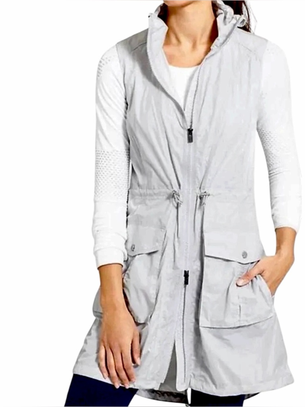Athleta – City Slicker Vest – Light Grey Utility Zip Hooded Vest – Sz. S